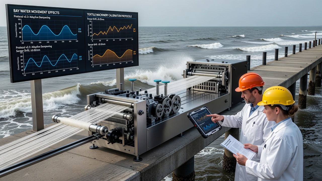 Close-up view of calibrated textile machinery components with environmental monitoring sensors installed near a bay shoreline